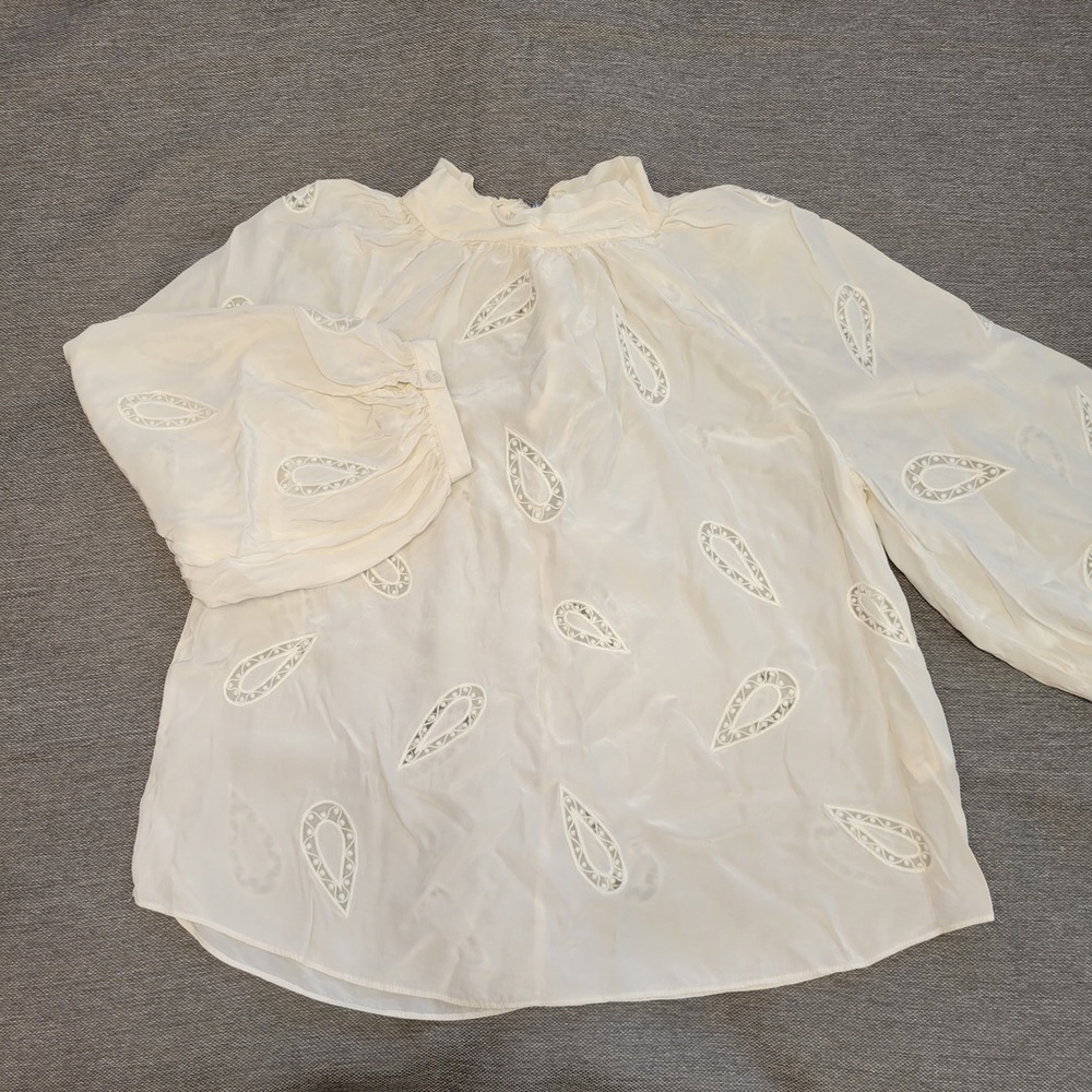 Rebecca Taylor Ivory Silk Blend Paisley Eyelet Mock Neck Balloon Sleeve Blouse 4